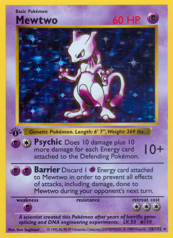 Pokémon Mewtwo 10/102 Base Set, Shadowless PSA 9, card scan, front