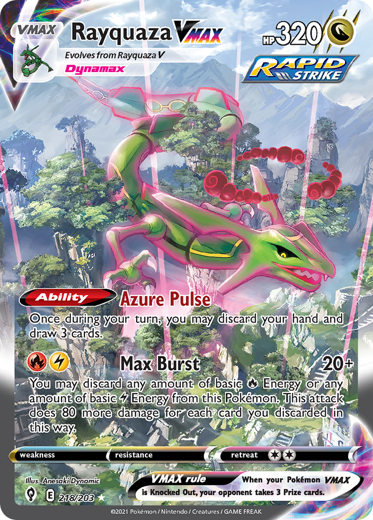 Pokémon Rayquaza VMAX Alternate Art 218/203 Evolving Skies PSA 10, card scan, front