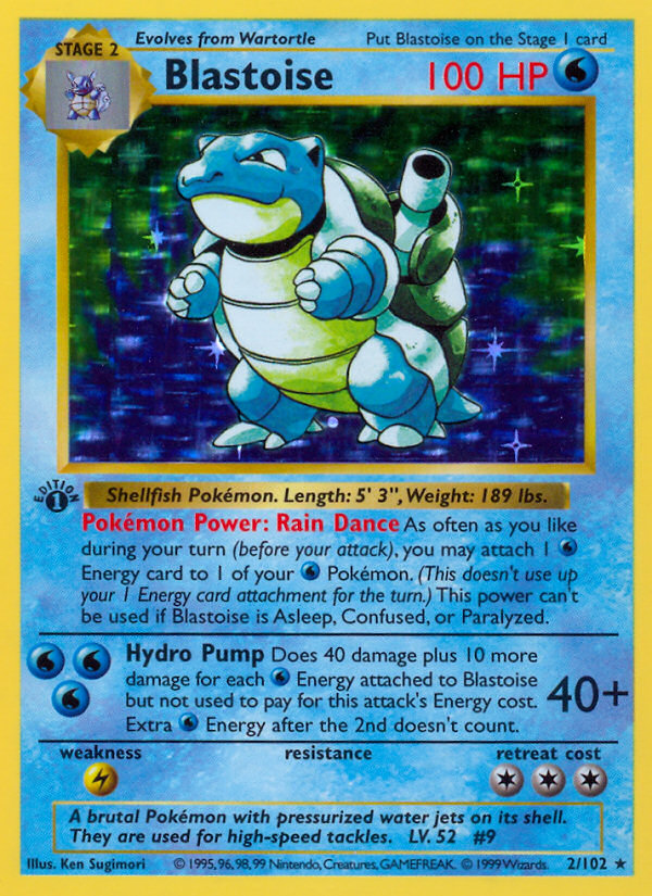 Pokémon Blastoise 2/102 Base Set, Shadowless PSA 9, card scan, front
