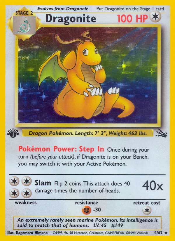 Pokémon Dragonite 4/62 Fossil, 1st Edition PSA 9, card scan, front