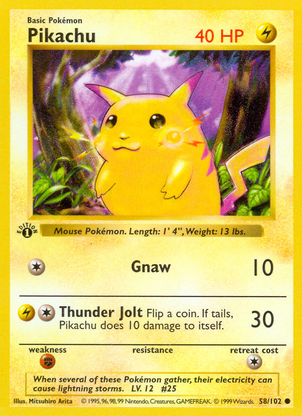 Pokémon Pikachu (Red Cheeks) 58/102 Base Set, 1st Edition PSA 9, card scan, front