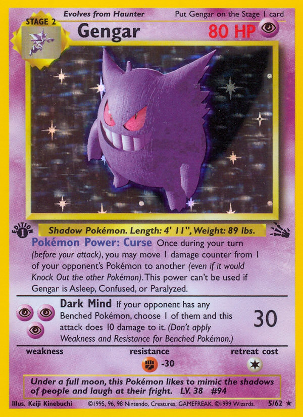 Pokémon Gengar 5/62 Fossil, 1st Edition PSA 9, card scan, front